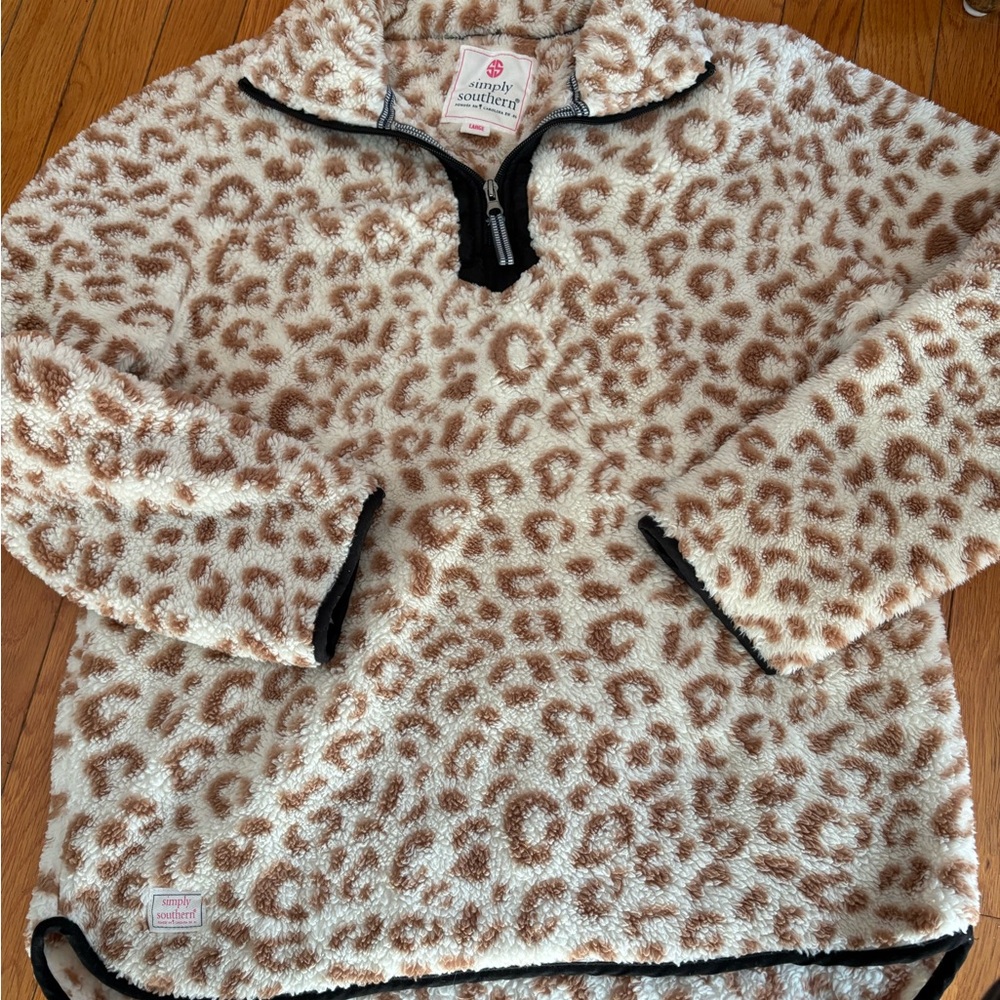 Simply Southern Cream and Brown Leopard Print Fleece Sherpa Pullover